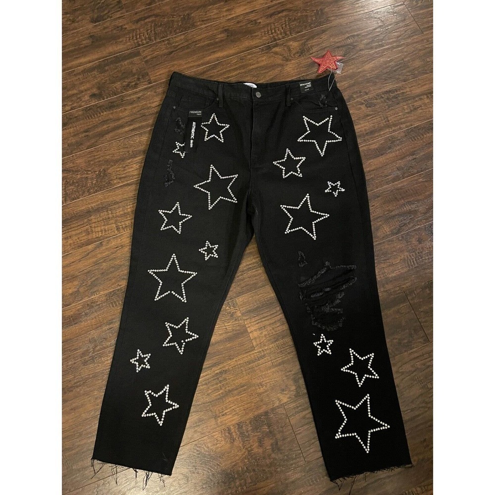 Simple Society Bling Stars Distress Super High Rise Black Jeans Size 17/33 NEW